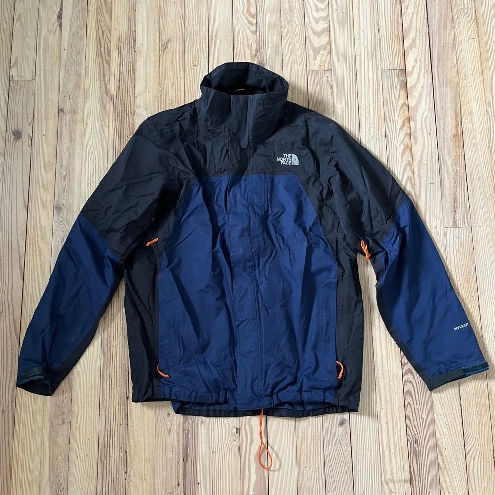 The North Face HyVent Rain Jacket Mens Large Navy Black Colorblock Pit Zip Shell